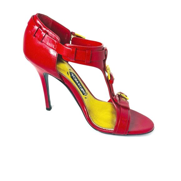 Tom Ford Red Leather Buckle T-Strap High Heel Sandals Size 37.5 - Picture 2 of 10